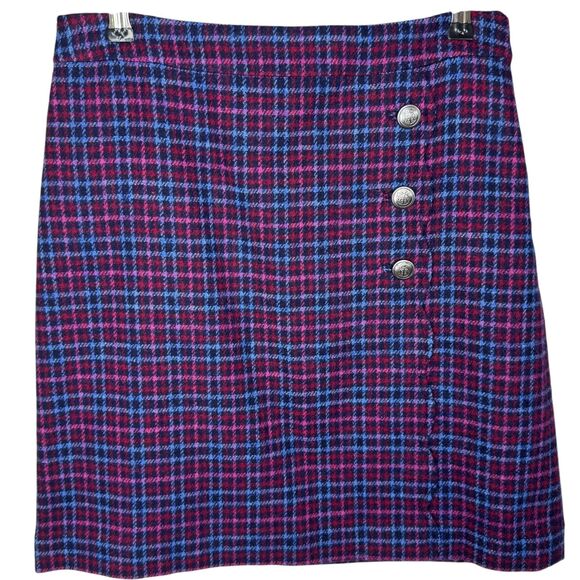 Talbots Petite blue and pink plaid wool faux wrap pencil skirt Side zip Size 4P - Picture 1 of 14